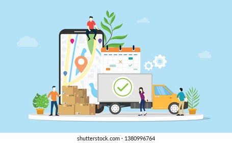 online delivery goods ecommerce concept with team people truck and mobile apps smartphone - vector illustration