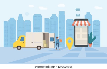 Online delivery of goods, tracking online tracker. Smartphone, parcel delivery truck, tiny people, delivery man, stopwatch. Concept, idea, vector, illustration for web sites, shops, animation, mobile