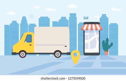 Online delivery of goods, tracking online tracker. Smartphone, parcel delivery truck, stopwatch. Concept, idea, vector, illustration for web sites, shops, animation, mobile applications, advertising