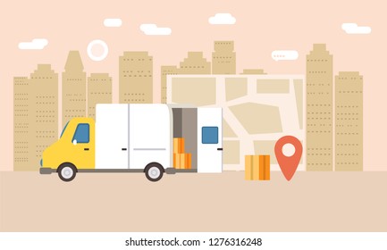 Online delivery of goods, tracking online tracker. Smartphone, parcel delivery truck, map, stopwatch. Concept, idea, vector, illustration for web sites, shops, animation, mobile applications