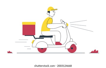 Online Delivery. A Guy, A Man Delivers An Order On A Scooter. Fast Delivery. Guy In Red And Yellow