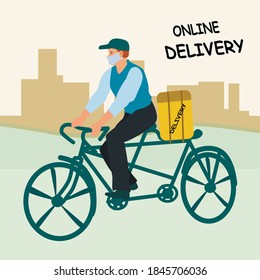 Online delivery home and office service concept, online order tracking. Courier man in respiratory mask. Vector illustration.Boy on bycicle.Quarantine in the city. Coronavirus epidemiс banner design