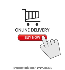 Online delivery icons concept. Hand with finger pushes the button. Vector illustration.