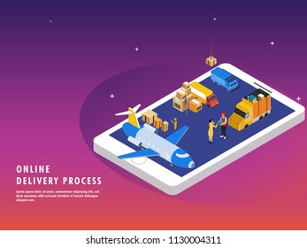 Online delivery, isometric concept, mobile app or landing page design with delivery vehicle, and courier boy delivering at destination point, aeroplane on a smart phone screen. 
