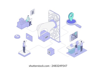 Online delivery isometric concept in outline isometry design for web. People receiving parcels from courier, tracking online in smartphone, pay for service of logistics company. Vector illustration.