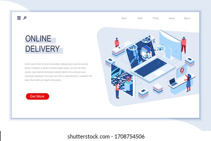 Online delivery isometric landing page. Express delivery service, worldwide commercial shipment, online order and tracking. Digital technology and devices. People in work situation 3d vector isometry.