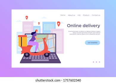 Online delivery laptop, landing vector illustration. E-commerce make shopping fast and convenient. Young people prefer purchase product by mail. Girl transporting goods ordered on internet.