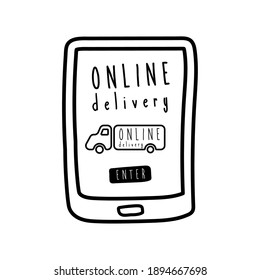 online delivery lettering campaign with truck in smartphone line style vector illustration design