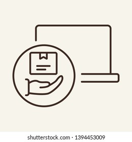 Online delivery line icon. Computer, laptop, box on hand. Delivery concept. Vector illustration can be used for topics like internet store, order, notification