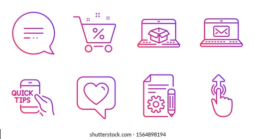 Online delivery, Loan percent and Text message line icons set. E-mail, Heart and Education signs. Documentation, Swipe up symbols. Parcel tracking website, Shopping cart. Technology set. Vector