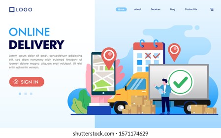 Online delivery logistic distribution landing page website vector flat design