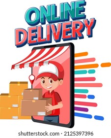 Logotipo de entrega en línea con ilustración de cajas de retención de mensajería