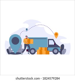 Online delivery, male courier carrying shipment boxes, delivery man with a truck and map markers connected with a dotted line vector illustration for website