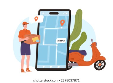 Online delivery man concept. Courier with box in hands near scooter and smartphone. Transportation and logistics. Young guy with parcel. Cartoon flat vector illustration isolated on white background