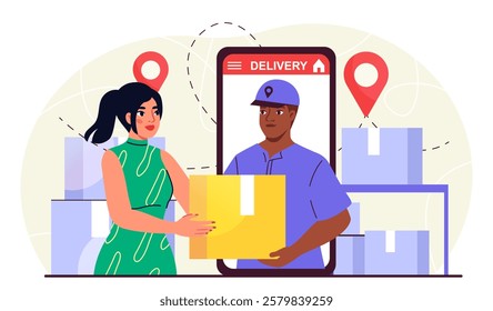 Online delivery man. Man on smartphone screen gives cardboard box to young girl. Shipping and logistics, transportation of goods. Shopping on internet. Flat vector illustration