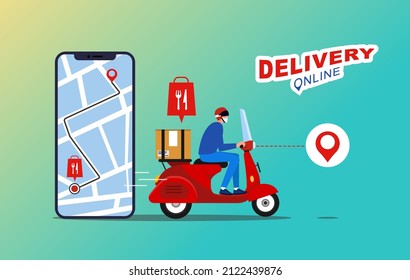 Online Delivery with Mobile Application. Fast delivery package by courier on mobile phone. Tracking courier food by map application.
