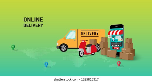 Online delivery mobile application on website vector concept. Delivery home and office. City logistics. Vector illustration EPS10.
