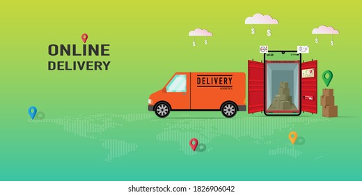 Online delivery mobile application on website vector concept. Delivery home and office. City logistics. Flat design. Vector illustration EPS10.
