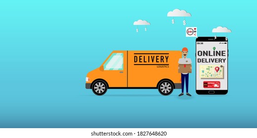 Online delivery mobile application on website vector concept. Delivery man holding a box concept. City logistics. Copy space for text.
