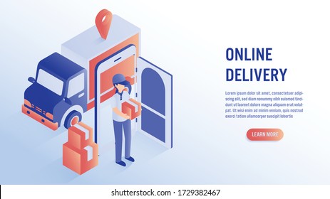 Online delivery with mobile concept. Fast respond delivery package shipping on mobile. Online order tracking with map. Vector isometric illustration.