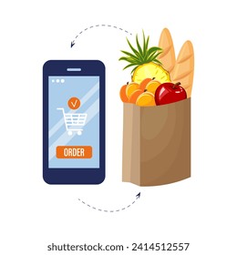 Online delivery, mobile phone and grocery bag. Service concept. Illustration, vector