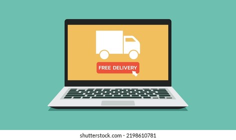 online delivery on laptop computer concept, fast delivery shipping and tracking , flat vector illustration