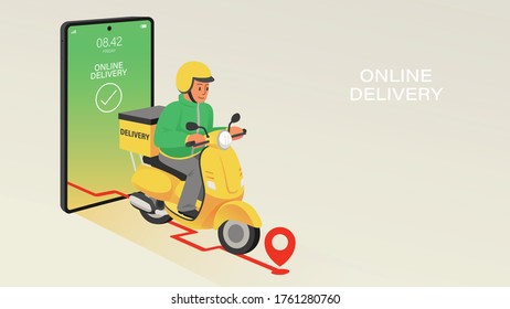 Entrega en línea en aplicación móvil. Aplicación de pedido de comida. Concepto de comercio electrónico. Color del tema amarillo y verde. Ilustración de vector de perspectiva.