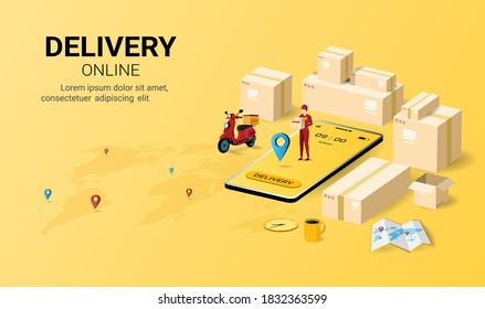 Entrega en línea en aplicación móvil. seguimiento de pedidos. Logística y entrega. Servicios de transporte mundial. Concepto de diseño de páginas web para sitio web o banner. Ilustración del vector de perspectiva 3D