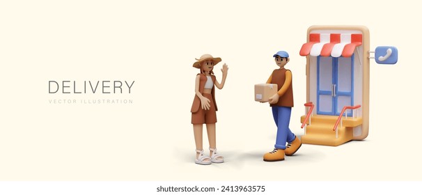 Online delivery order concept. Young male courier holding parcel and delivering order from supermarket to young lady. Vector illustration in 3d style with place for text