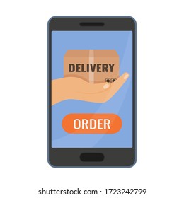 Online delivery order. Security during covid-19. Stay at home. Order delivery on smartphone. Vector illustration isolated on white background.