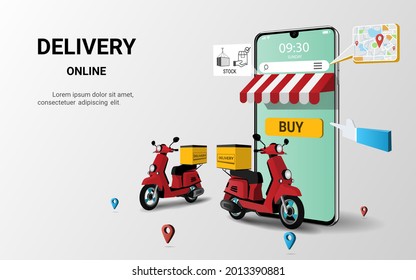 Online delivery package by scooter on mobile phone. Internet e-commerce. Online food order. Online shipping application. Concept for website, banner. 3D Perspective Vector illustration