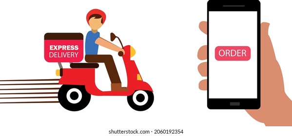 Online delivery package by scooter on mobile phone. an editable vector illustration