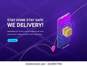 Online delivery package on mobile phone. Online order, Online shipping application, Smart Logistic. Concept for website, banner and mobile website. isometric 3D Vector illustration