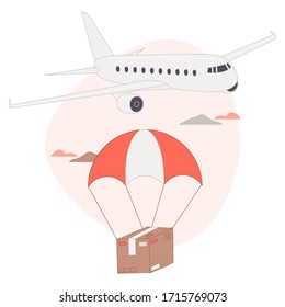 Online delivery package parachuting from an airplane on white background vector illustration cartoon flat design modern style