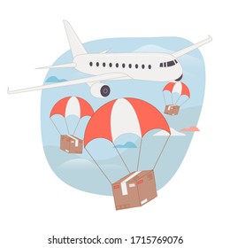 Online delivery package parachuting from an airplane on white background vector illustration cartoon flat design modern style