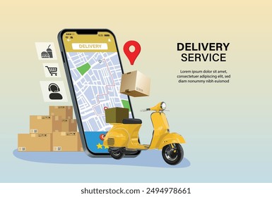 Online delivery package scooter on mobile smart map gps free fast send app sale phone e-commerce Online food order Online shipping e web page design banner and mobile 3D Perspective Vector icon logo
