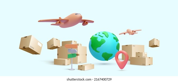 Online delivery parcel service concept in 3d realistic style. Vector illustration