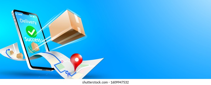 Online delivery phone concept. Fast respond delivery package shipping on mobile. Online order tracking with map. Vector illustration