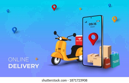 Online delivery phone concept. Fast respond delivery package shipping on mobile. Vector Illustration