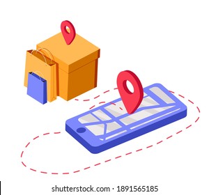 Online Delivery Phone Concept. Fast Respond Delivery Package Shipping On Mobile. Online Order Tracking With Map. Vector Illustration