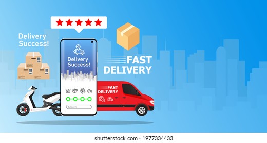 Online delivery phone concept. Fast respond delivery package shipping on mobile. Online order tracking with map. Vector illustration