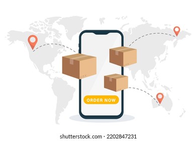 Online delivery phone concept. Fast respond delivery package shipping on mobile. Online order tracking with map. Vector illustration