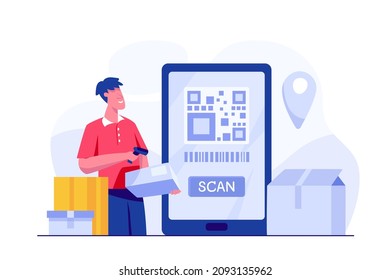 Online delivery phone concept Officer scan QR code from packaging for recipient address and location target of customer. Marketing and Digital Marketing promotion of online stores. Vector illustration