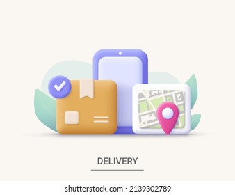 Online Delivery Phone Concept. Delivery Package Shipping On Mobile, Online Order Tracking With Map, Online Shopping. 3d Vector Illustration. Cartoon Minimal Style.