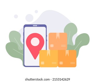 Concepto de teléfono de entrega en línea. Envío de paquetes de entrega en móvil, seguimiento de pedidos en línea con mapa, compras en línea. Ilustración vectorial.
