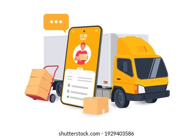 Online Delivery with Phone Service Yellow Delivery, mobile website background. concept for location shipping box. 3D vector Illustration.
