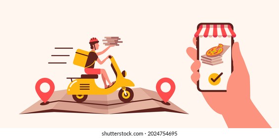 Online delivery pizza by smartphone and courier on scooter. Concept food online delivery vector illustration