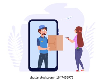 Online delivery. Post man with box, woman and parcel. Mobile app, logistic service vector concept