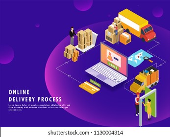 Online delivery process, isometric design with product order, packaging, shipping and courier boy delivering at destination point. Can be used for advertisement.