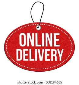 Online delivery red leather label or price tag on white background, vector illustration